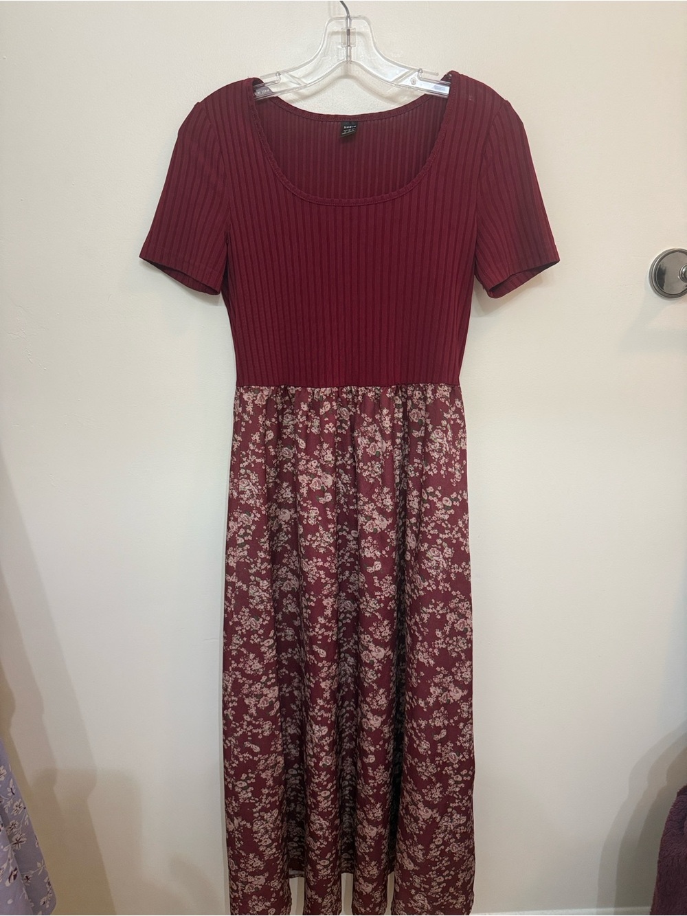 Maroon Ribbed Bodice Floral Skirt Midi Dress